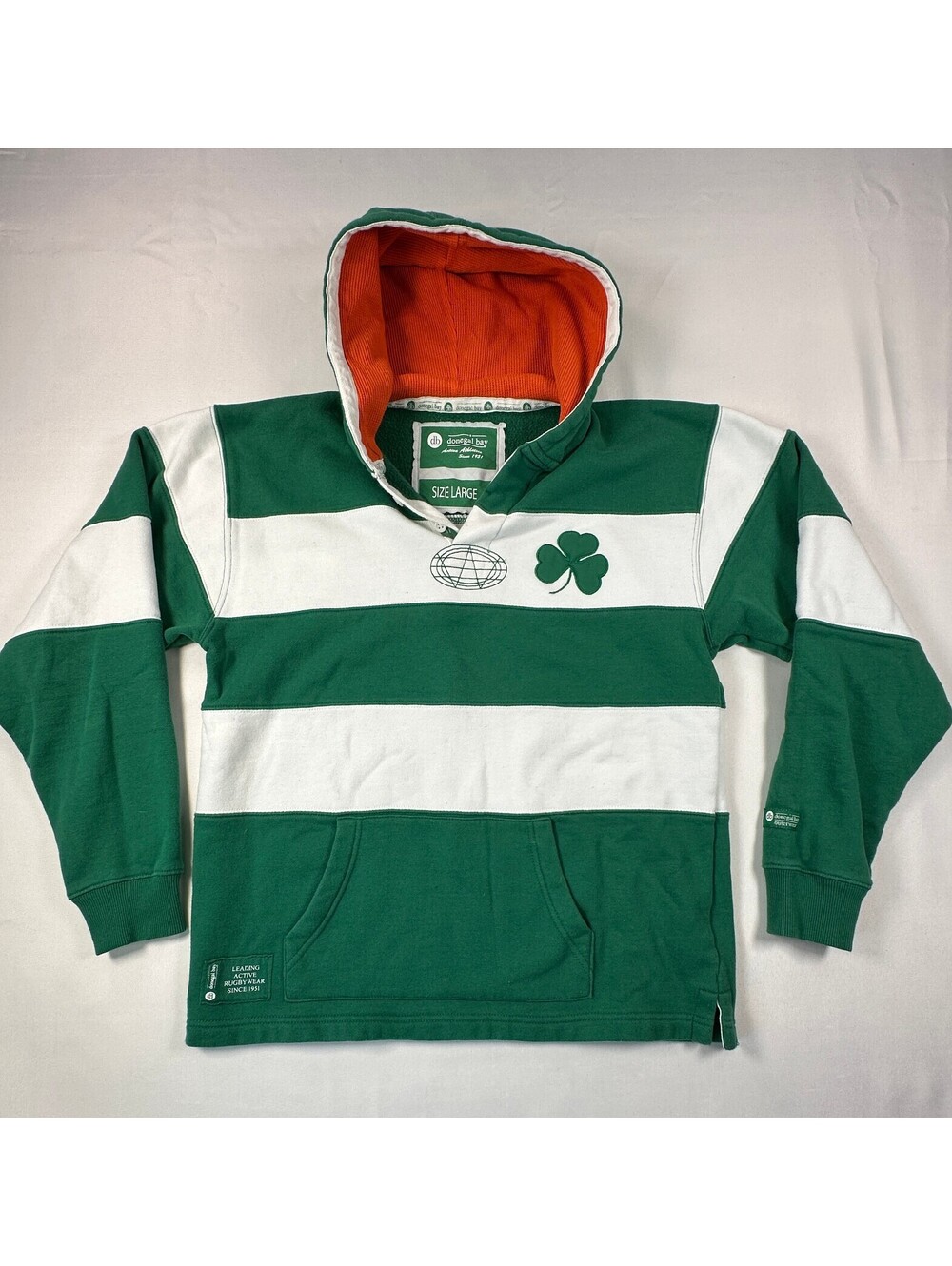 Donegal Bay Irish Rugby Hoodie Large Green White Striped Shamrock Pullover